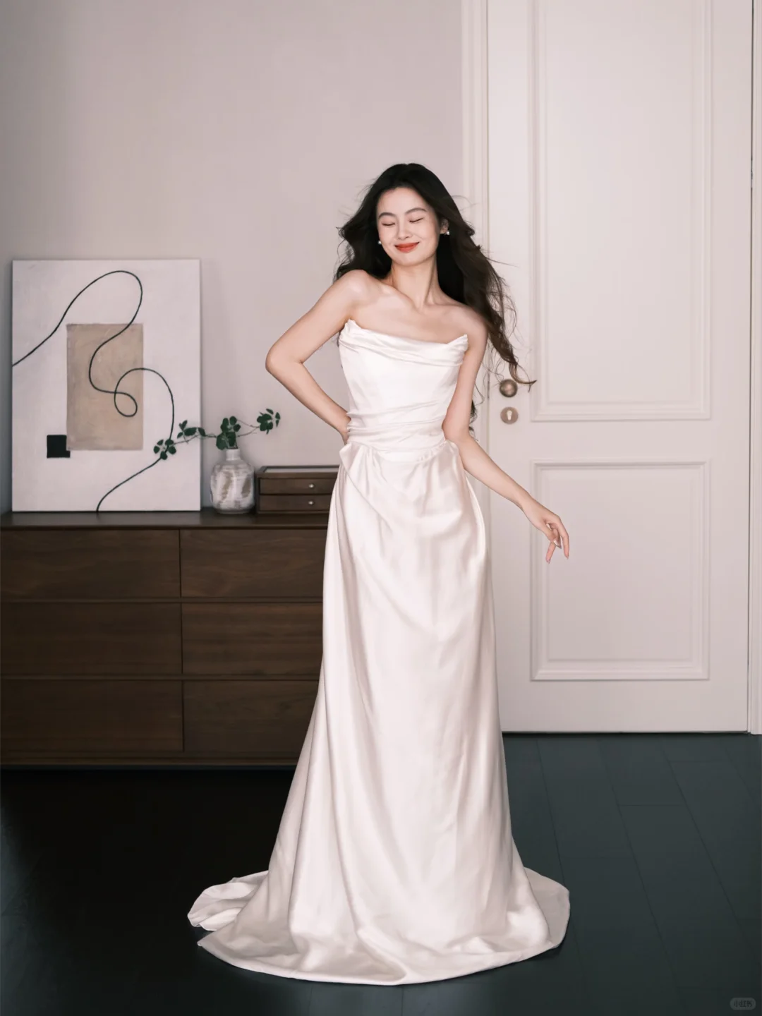 White Strapless Draped Satin Wedding Dress With Long Streamers  NV7230