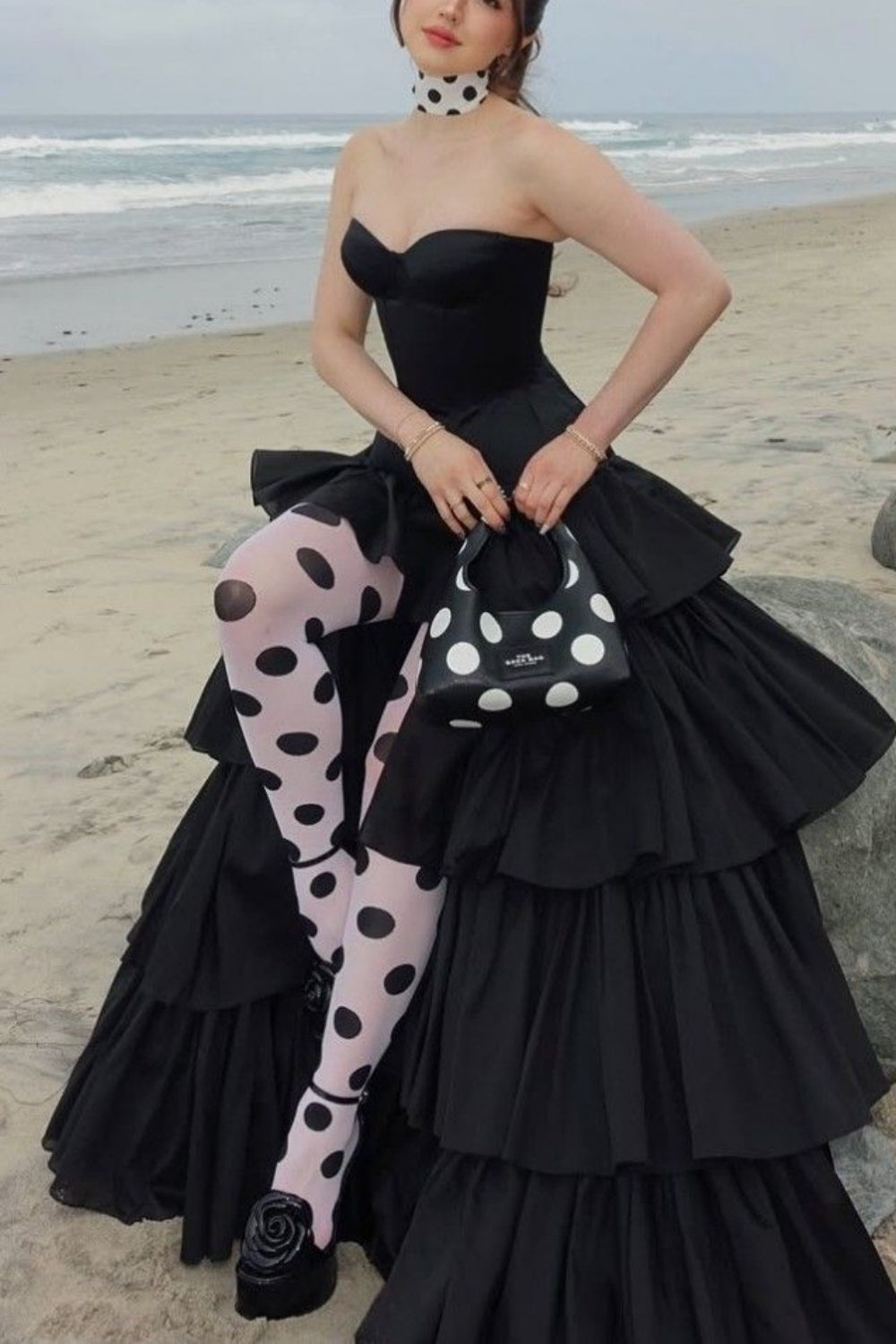 Luxury Palace Style Spaghetti Strap Beaded Gown | Black Satin Ballgown Train Maxi Dress for Red Carpet Gala Awards Ceremony High-End Social Event NV6271