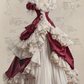 Burgundy Ivory Rococo Victorian V-Neck Gold Trim Tiered Ruffle Ball Gown  NV7405