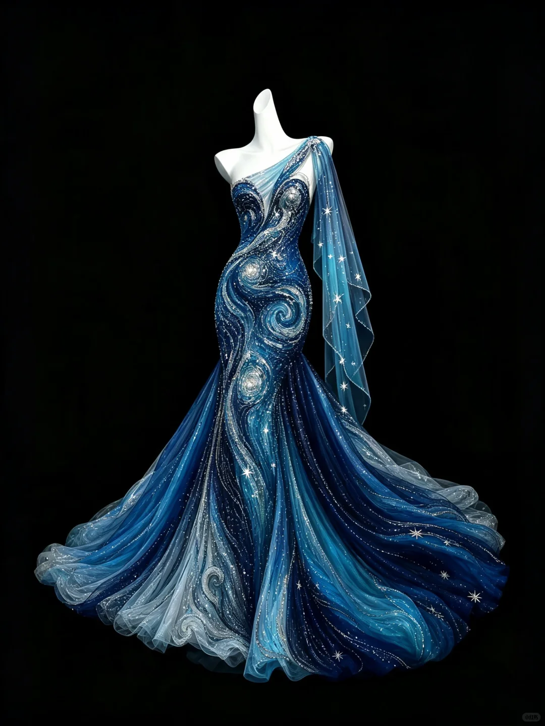 Starry Sky Blue Ombre Mermaid Prom Dress, One Shoulder Star Rhinestone Tulle Evening Gown  NV7462
