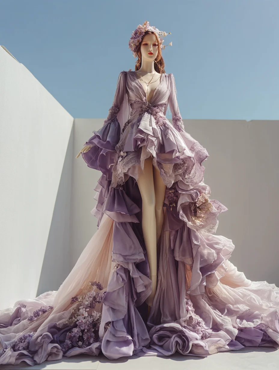 Ombre Lavender Fairy Tulle Gown with Bell Sleeves and 3D Floral Appliqué  NV7503