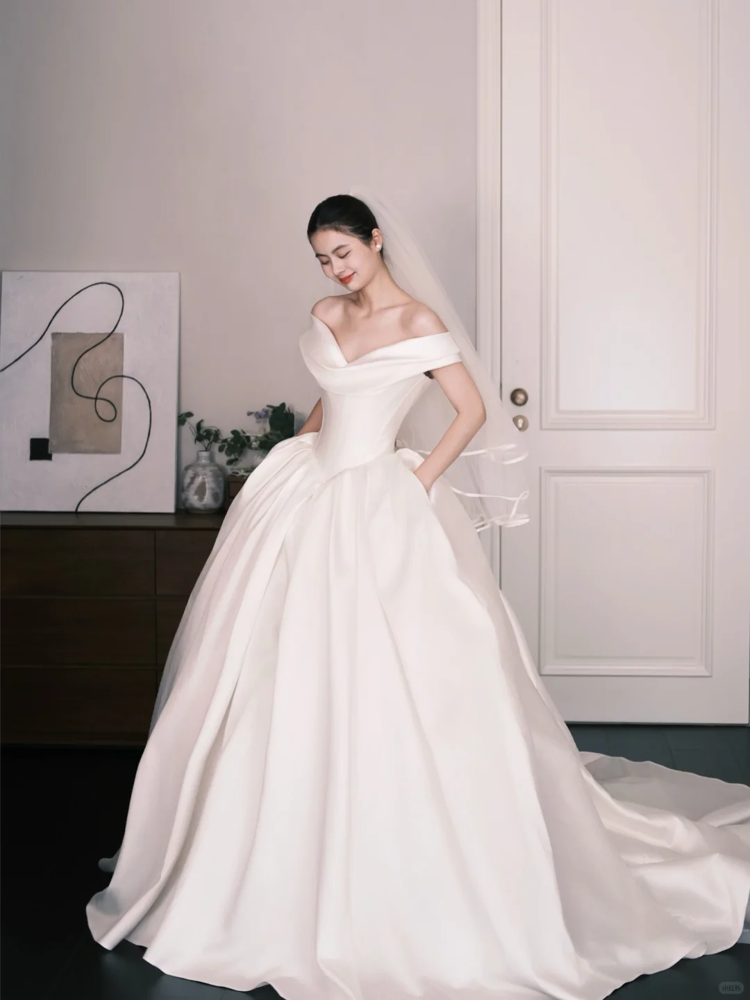 Off Shoulder Satin Ballgown Wedding Dress, Classic Simple Bridal Gown  NV7335