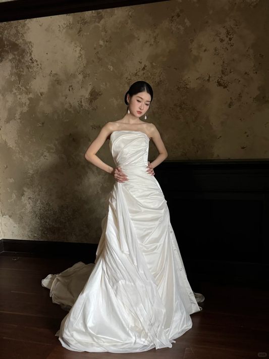 Ivory Strapless Draped Ruched Satin A-Line Wedding Gown  NV7190