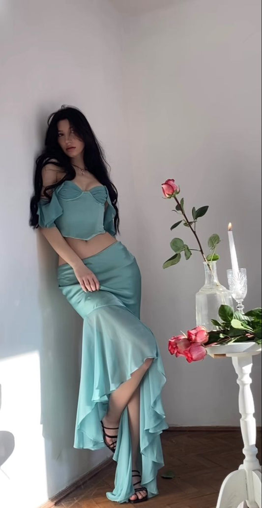 Costume deux pièces bleu romantique élégant robe longue de soirée robe de bal nv2639