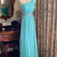 Fresh Elegant Style Ice Blue One-Shoulder Ruched Beaded Waist Train Gown - Dress for Wedding Guest & Dinner NV6371