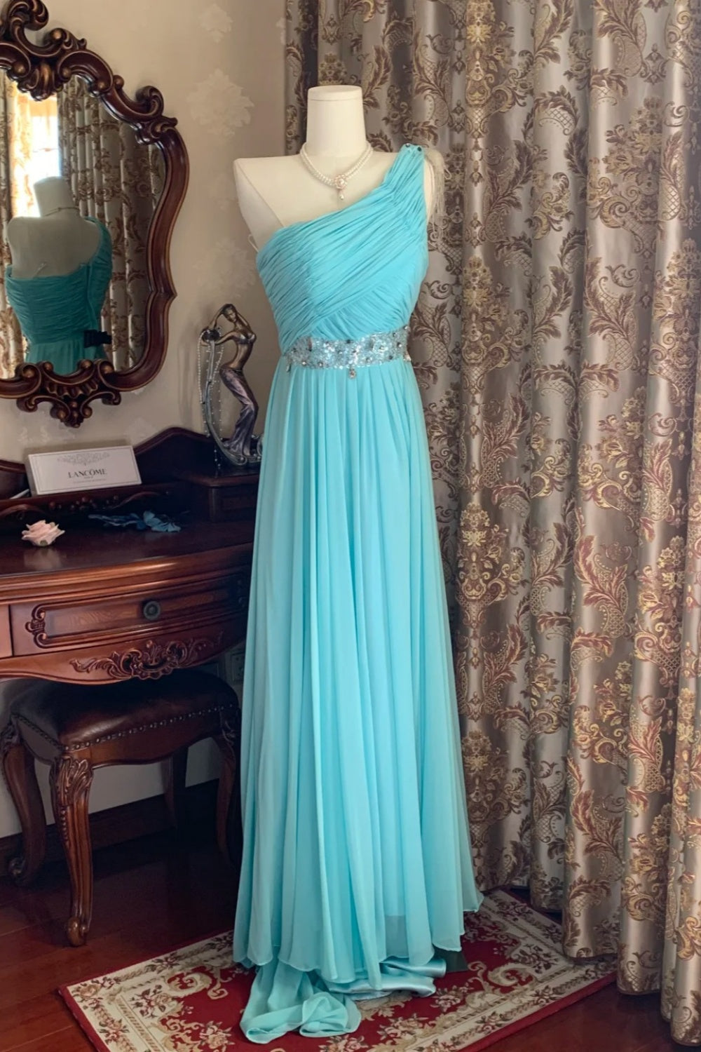 Fresh Elegant Style Ice Blue One-Shoulder Ruched Beaded Waist Train Gown - Dress for Wedding Guest & Dinner NV6371