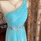 Fresh Elegant Style Ice Blue One-Shoulder Ruched Beaded Waist Train Gown - Dress for Wedding Guest & Dinner NV6371