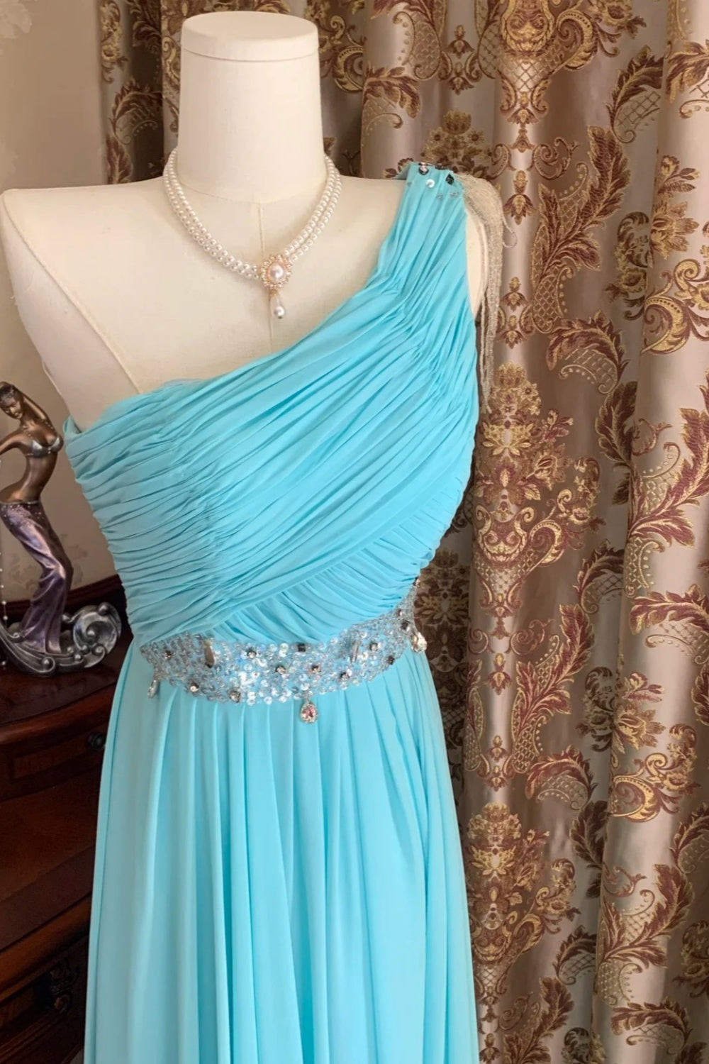 Fresh Elegant Style Ice Blue One-Shoulder Ruched Beaded Waist Train Gown - Dress for Wedding Guest & Dinner NV6371
