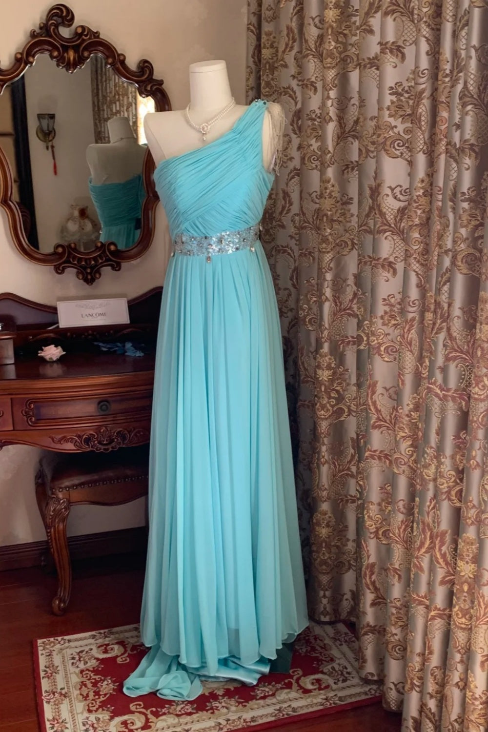 Fresh Elegant Style Ice Blue One-Shoulder Ruched Beaded Waist Train Gown - Dress for Wedding Guest & Dinner NV6371
