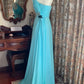 Fresh Elegant Style Ice Blue One-Shoulder Ruched Beaded Waist Train Gown - Dress for Wedding Guest & Dinner NV6371