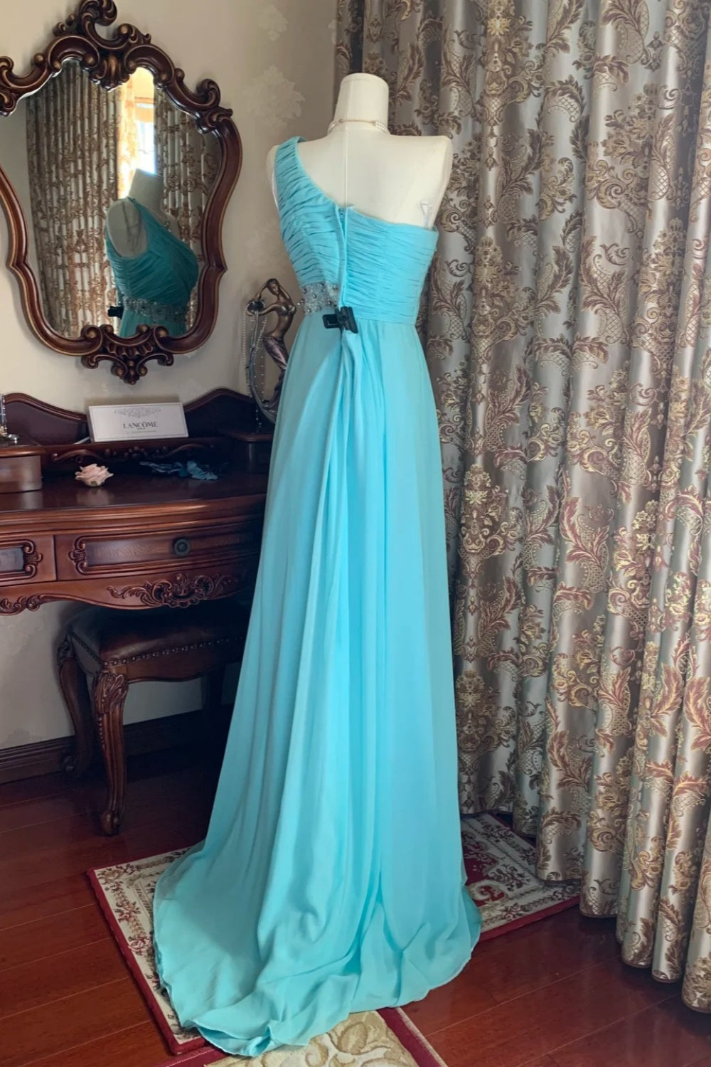 Fresh Elegant Style Ice Blue One-Shoulder Ruched Beaded Waist Train Gown - Dress for Wedding Guest & Dinner NV6371