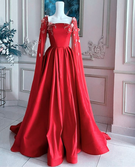 Robe de soirée longue en satin rouge élégante et élégante avec appliques nv2981