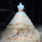 Strapless Blush Pink Prom Dress Ruched 3D Rose Tiered Ruffle Glitter Tulle Ball Gown  NV7052