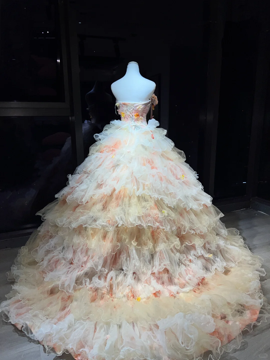 Strapless Pink Ombre Prom Dress 3D Rose Floral Tiered Glitter Tulle Cake Ball Gown  NV7061