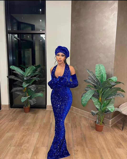 Robe de soirée longue à paillettes bleues brillantes et élégantes avec col en V et gants nv3240