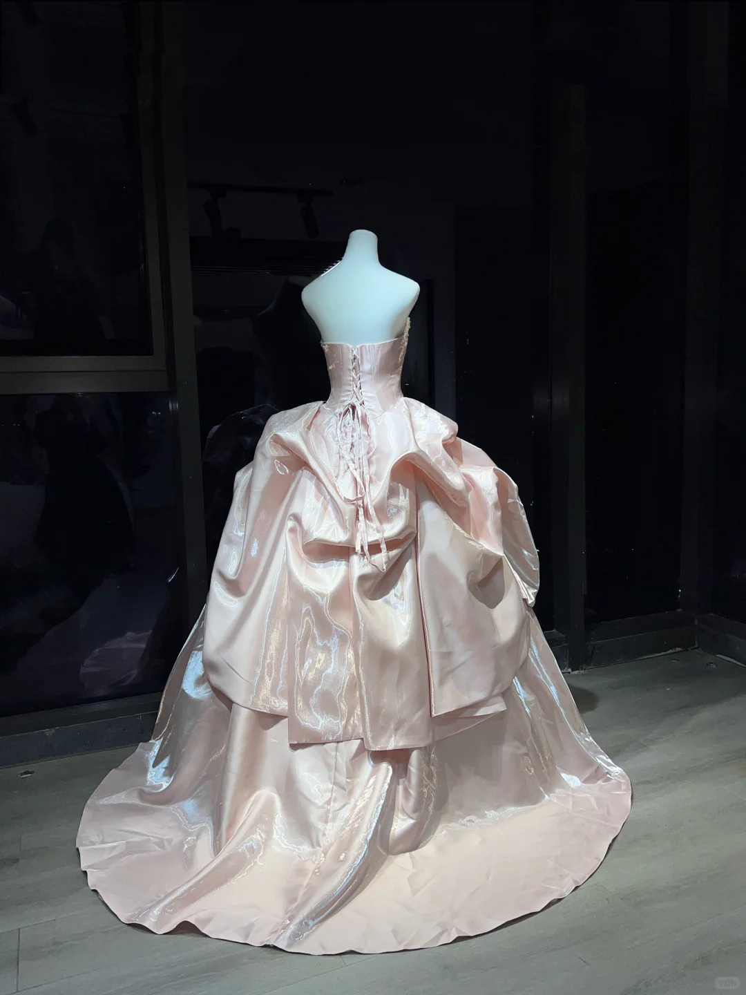 Strapless Blush Pink Prom Dress Hand Beaded Neckline Corset Shiny Satin Ruffle Ball Gown  NV7044