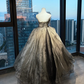 Strapless Black Gold Ombre Shimmer Ball Gown Ruched Bodice Chain Tassel Irregular Ruffle Long Prom Dress  NV7023