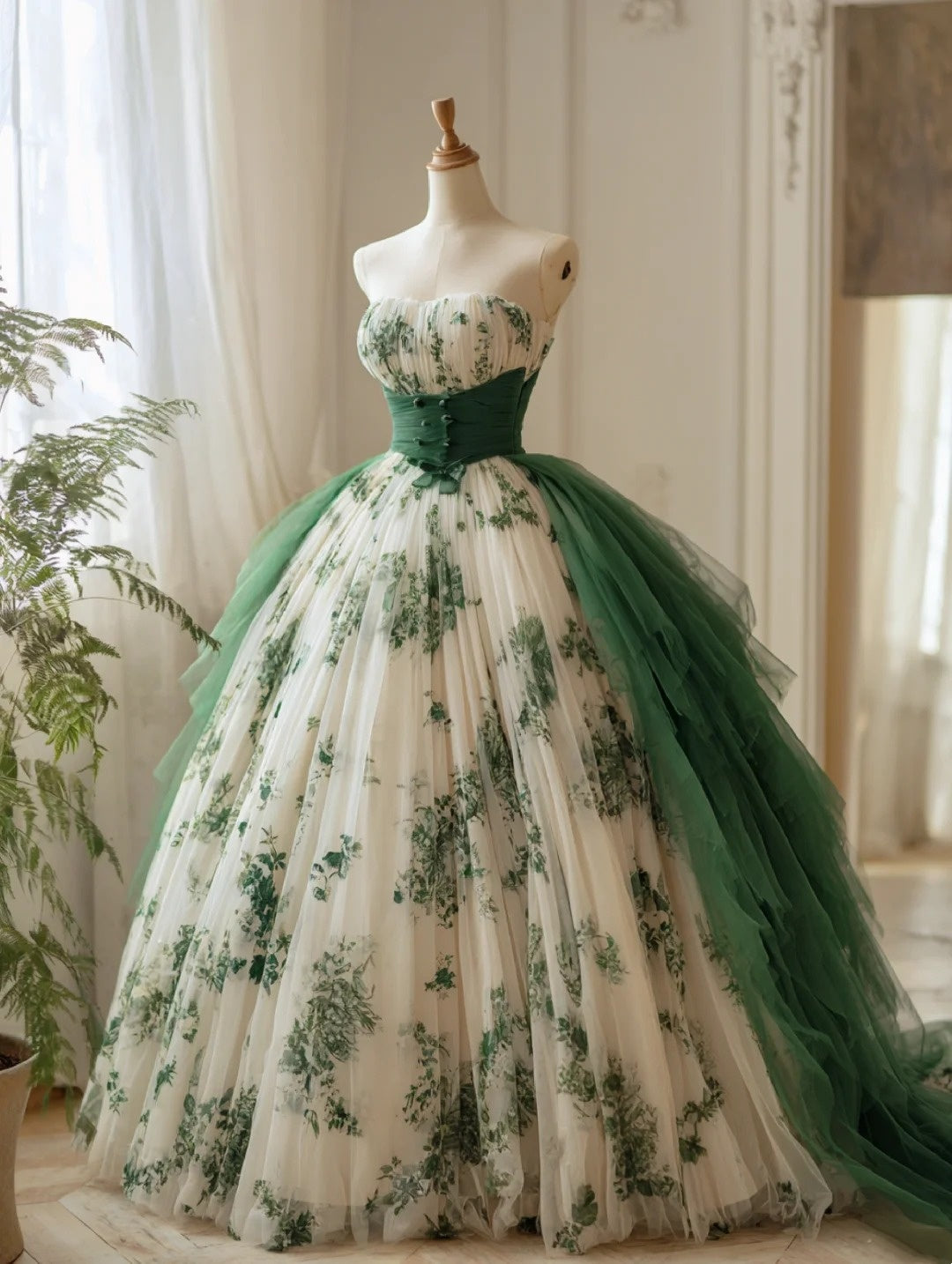Emerald Green Gauze Dress | Forest-Style Court Dress NV6532
