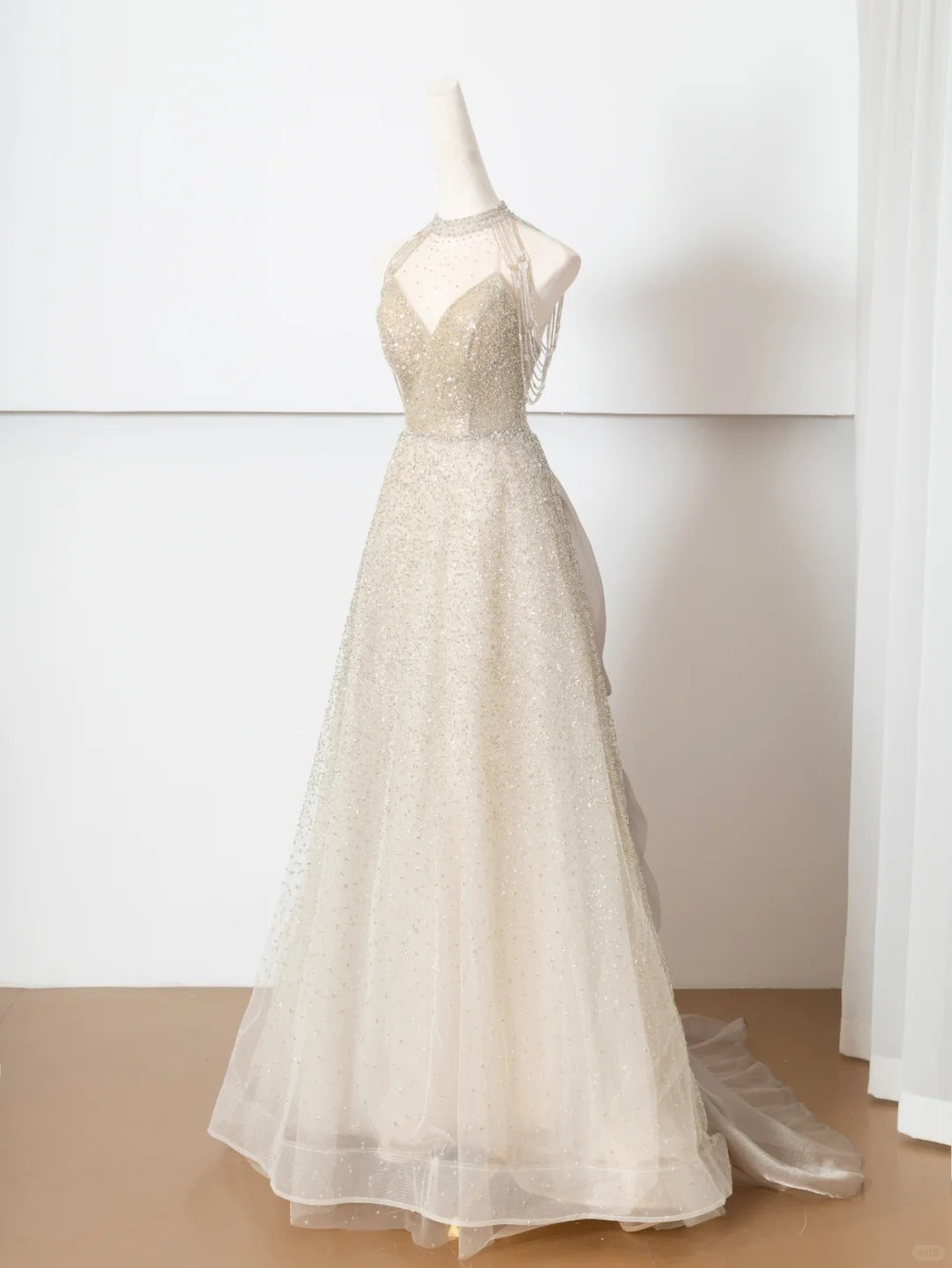 Robe de soirée longue en tulle, élégante et brillante, couleur champagne doré, robe de bal, robe de soirée, nv4753