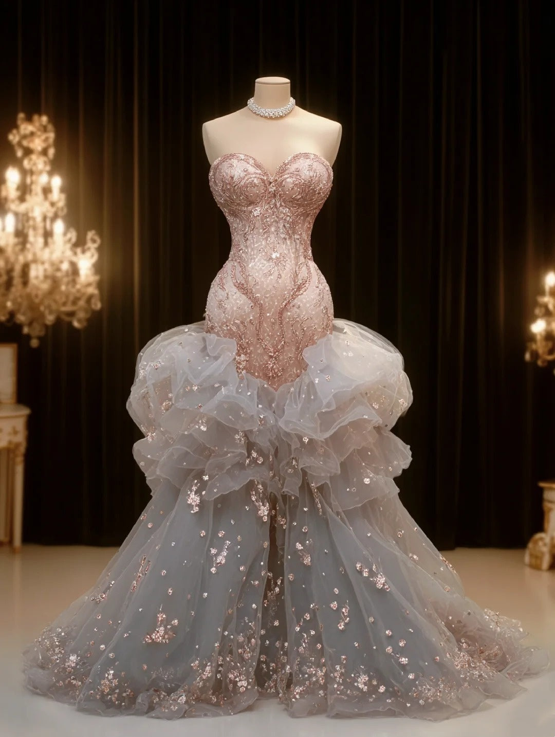 Éclat de neige poudrée | Robe rose champagne pour un bal d'hiver NV6520