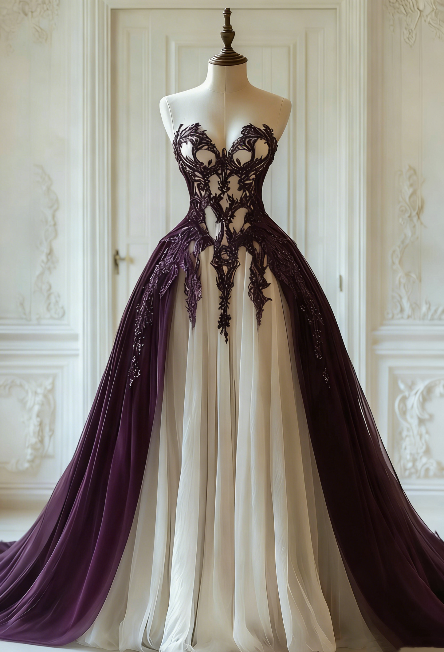 NiceVestidos-Black and White Lace Tulle Paneled Butterfly Sleeve Floor-Length Gothic Gown NV6172