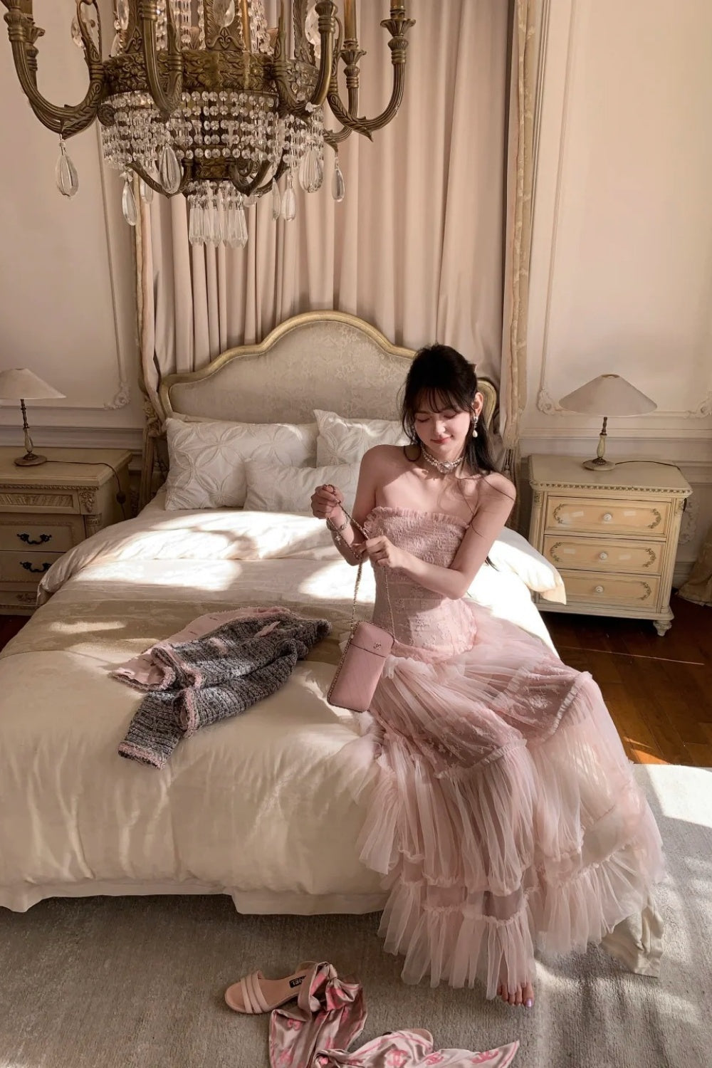 Pink long chiffon evening gown NV6745