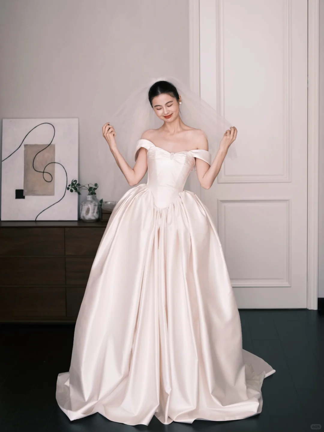 Ivory Off The Shoulder Satin Bridal Gown, Sweetheart Ballgown Wedding Dress  NV7278