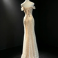 Champagne Off Shoulder Mermaid Dress Short Sleeve Hand Beaded Long Train Formal Prom Gown  NV6946