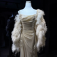Champagne Square Neck Mermaid Evening Dress, Ruched Shiny Gown with Feather Shawl & Rhinestone Chain  NV7086