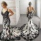 Wedding Dress Retro Black & White Style Spaghetti Strap Lace Gown | Ink Pattern Mermaid Train Maxi Dress for Gala Red Carpet Party High-End Social Event NV6266