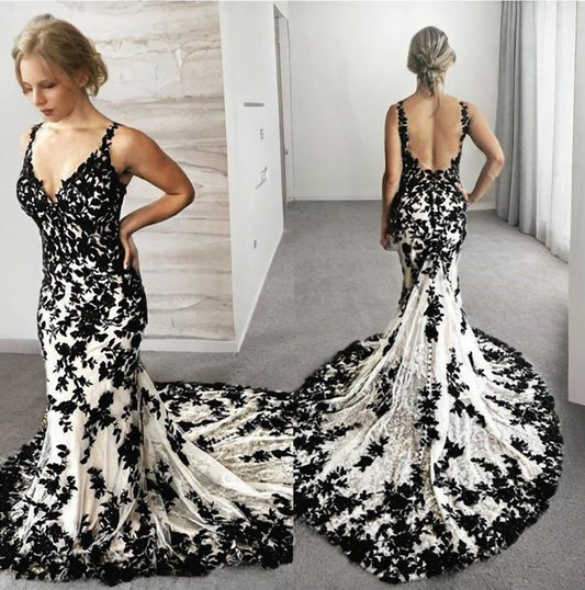 Wedding Dress Retro Black & White Style Spaghetti Strap Lace Gown | Ink Pattern Mermaid Train Maxi Dress for Gala Red Carpet Party High-End Social Event NV6266