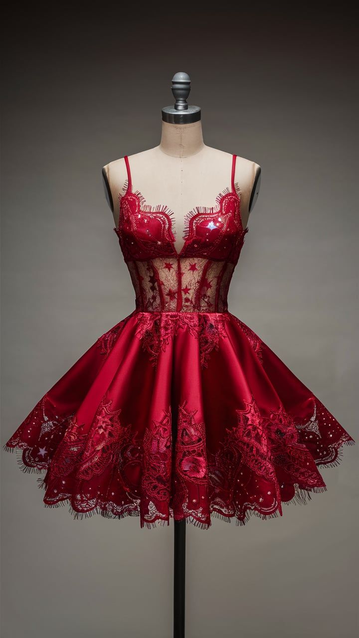 Red glitter ruffle short tulle homecoming dress birthday party dress nv4934