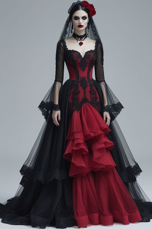NiceVestidos-_Black And Red Vintage-Style Delicate Lace Tulle Long Vampire Ball Gown/Wedding Dress NV6021