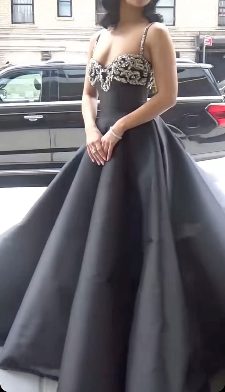 Luxury Palace Style Spaghetti Strap Beaded Gown | Black Satin Ballgown Train Maxi Dress for Red Carpet Gala Awards Ceremony High-End Social Event NV6270