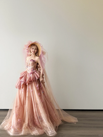 Strapless Pink Peach Tulle Ball Gown 3D Floral Prom Dress  NV7122