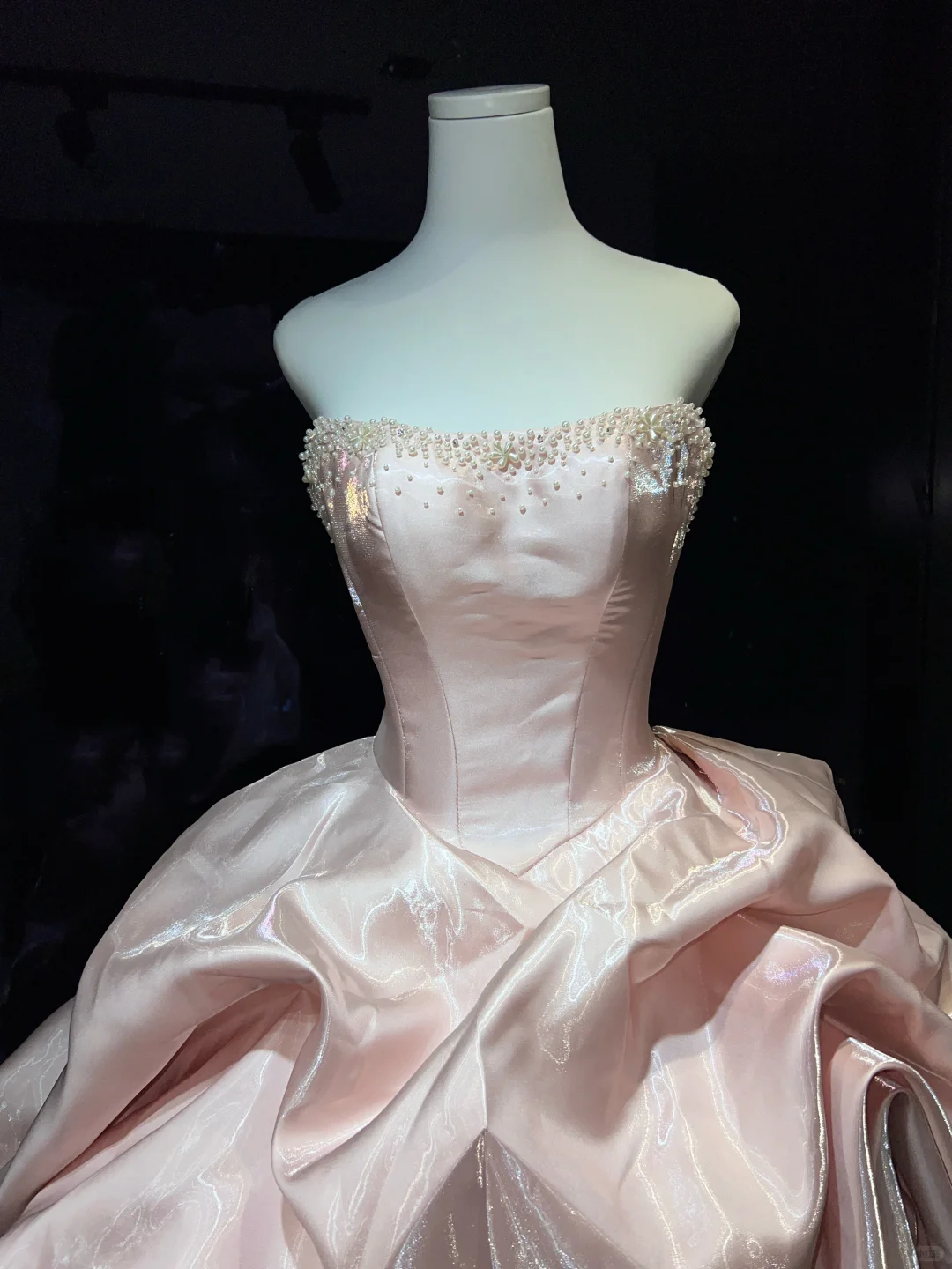 Strapless Blush Pink Prom Dress Hand Beaded Neckline Corset Shiny Satin Ruffle Ball Gown  NV7044