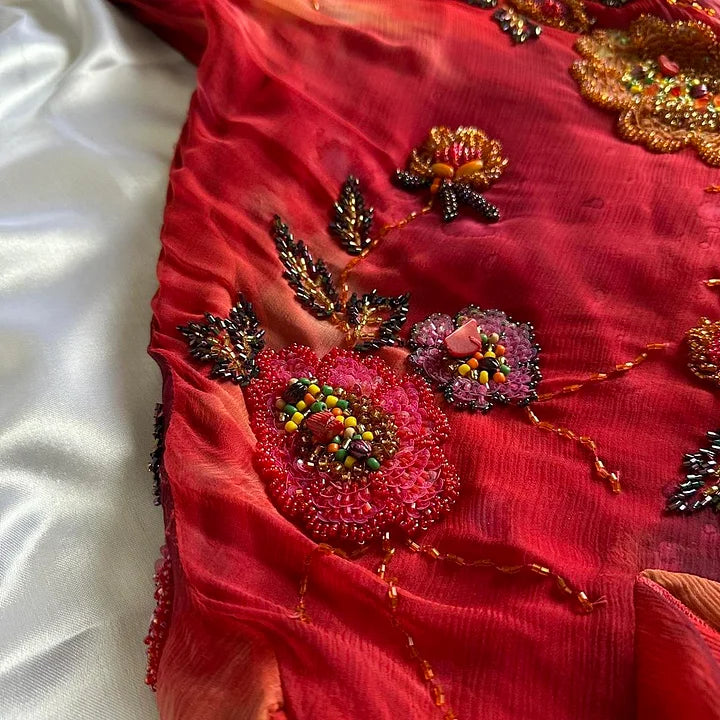 🌺✨Robe de soirée longue en mousseline de soie, élégante et rétro, avec perles exquises, rouge, nv5351
