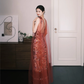 Floral Sequin Spaghetti Strap Evening Dress, Formal Gown with Red Tulle Cape  NV7322
