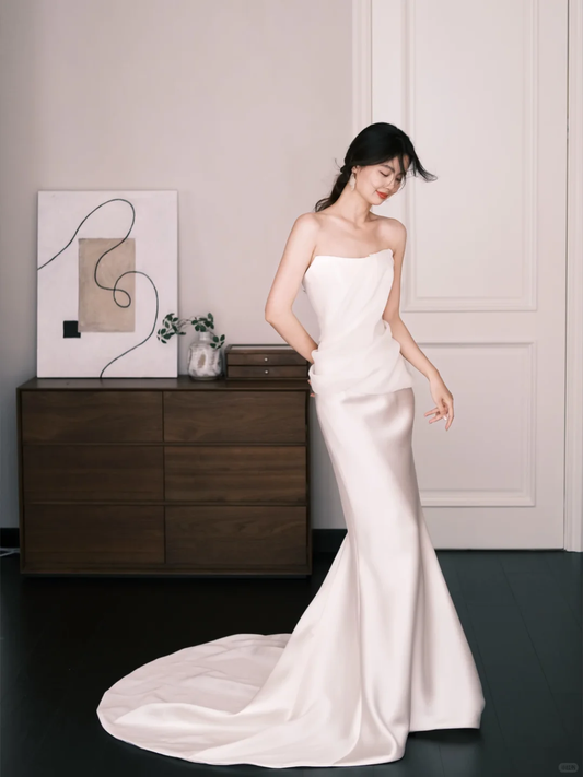 Strapless Satin Mermaid Bridal Gown, Ruched Bodice Minimalist Wedding Dress  NV7257