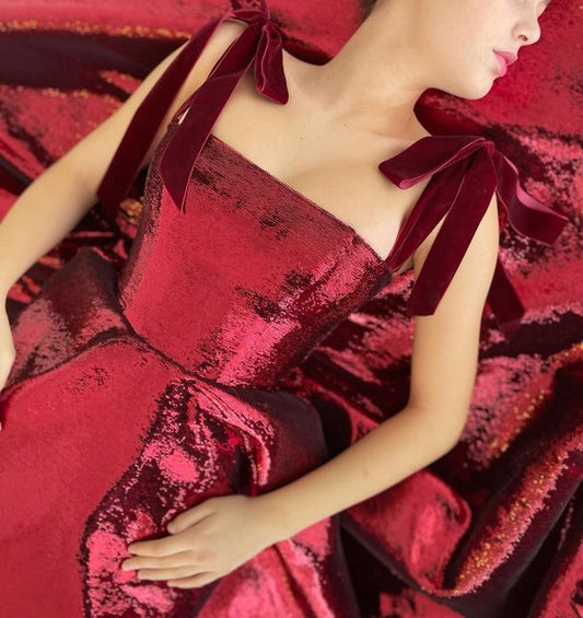 Red shiny elegant spaghetti strap long sequined ball gown evening dress party dress nv3538