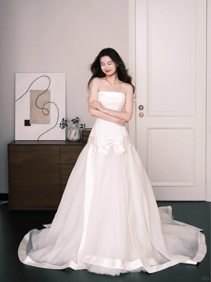 Minimalist Strapless Wedding Dress Satin Big Bow Bridal Gown  NV7254