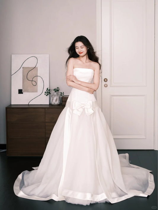 Minimalist Strapless Wedding Dress Satin Big Bow Bridal Gown  NV7254