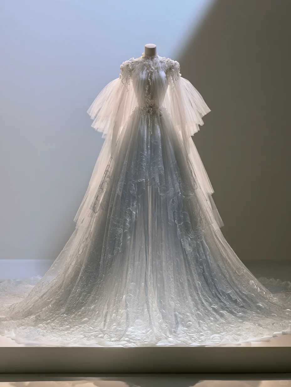 Ombre White Light Blue Bubble Texture Tulle Wedding Dress with Flutter Sleeve & Long Train  NV7484
