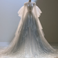 Ombre White Light Blue Bubble Texture Tulle Wedding Dress with Flutter Sleeve & Long Train  NV7484