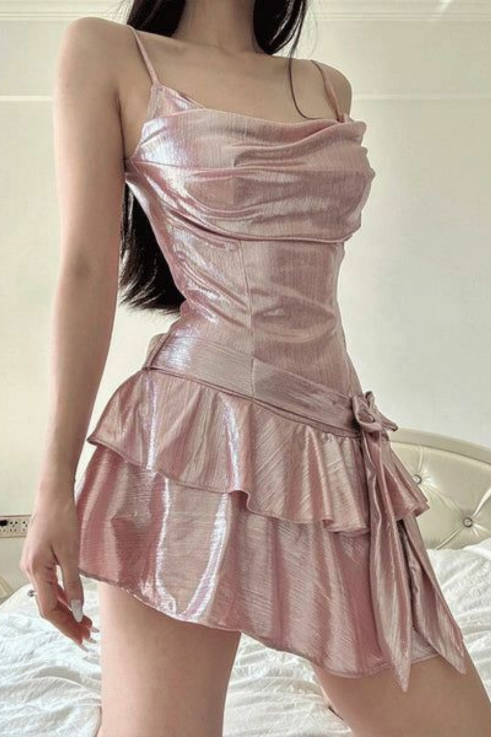 Sweet Spaghetti Strap Ruffle Short Satin Girls Mini Homecoming Dress Party Dress nv5438