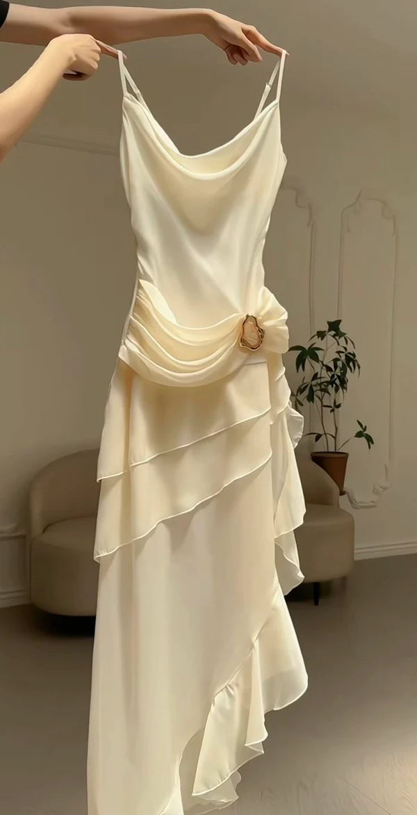 Elfenbeinweißes Vintage Spaghettiträger Langes Chiffon Ballkleid Abendkleid Partykleid nv4161