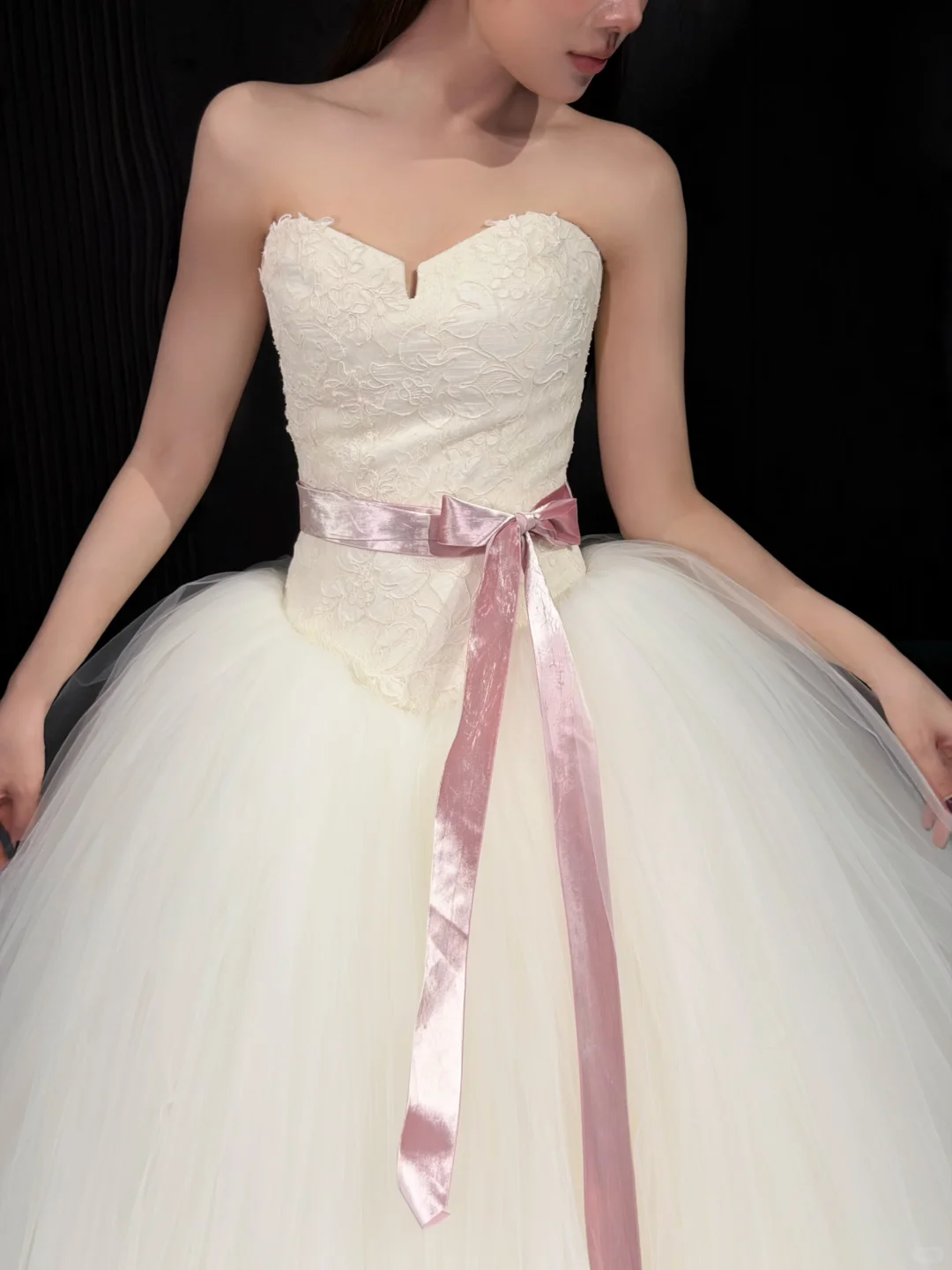 Ivory Strapless Lace Tulle A-Line Wedding Gown with Pink Satin Bow  NV7185