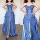 Blue Shiny Retro Fashion Elegant Sweetheart Neck Long Satin Floor Length Slit Ball Gown Evening Gown Birthday Party Gown Prom Gown Graduation Gown nv4010