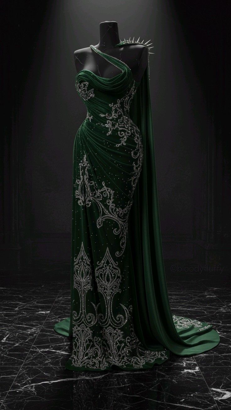Dark Luxury Edgy Style One-Shoulder Gown | Emerald Green Beaded Embroidered Cape Mermaid Train Maxi Dress for Gala Red Carpet Retro Theme Party NV6290