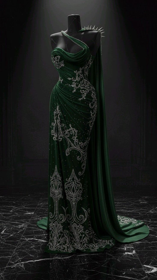 Dark Luxury Edgy Style One-Shoulder Gown | Emerald Green Beaded Embroidered Cape Mermaid Train Maxi Dress for Gala Red Carpet Retro Theme Party NV6290